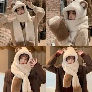 ( )겨울 부들부들 후리스 후드 장갑 머플러 목도리 남여공용 어린 귀여운 극세사 겨울모자 곰모양