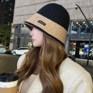 봄 가을 겨울 투톤니트라벨 모자 니트모자 벙거지 여성 여자 모자 버킷햇 니트 겨울 모자 버킷햇 여자