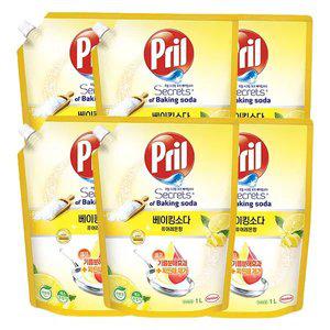 프릴 고농축 주방세제 베이킹소다 리필 레몬, 1L, 6개