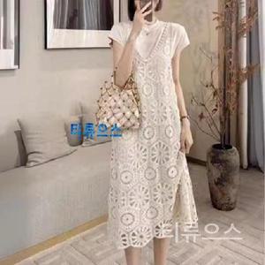 티류으스 시스루 레이어드 원피스 민소매 여름 뜨개 뷔스티에 롱