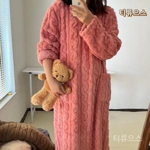 여성용 겨울 극세사 수면 롱 원피스 홈웨어 오버핏 파자마 빅사이즈 티류으스