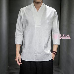 남성캐쥬얼반팔티 2023 봄 여름 차이나 면린넨 칠부 소매 브이넥 티류으스