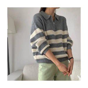 티니 카라 스트라이프 반집업 골지니트