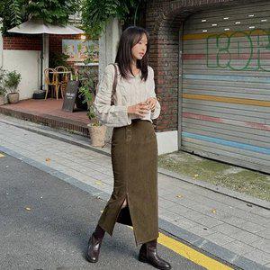 [제작/빅사이즈]이블렛 레테르 코듀로이 H라인 트임 롱스커트 제이스타일