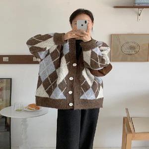 울 베르 도톰 아가일 브이넥 니트 가디건 (one color)