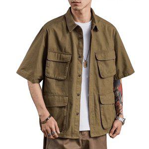 남자 아메카지 카고 남방 반팔셔츠 밀리터리 4포켓 여름 면 카키 5부