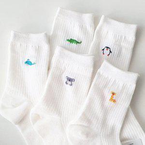 국산 여성 애니팜 동물 캐릭터 골지 캐주얼 고급 면 양말 5켤레