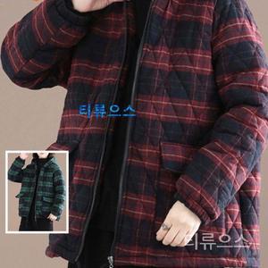 티류으스 빈티지 격자 무늬 패딩 자켓 겨울 체크 패턴 중년 여성 후드 집업 복고풍 재