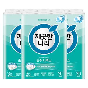 깨끗한나라 3겹 순수 디럭스, 30m, 30롤, 3개