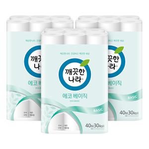 깨끗한나라 2겹 에코 베이직, 40m, 30롤, 3개