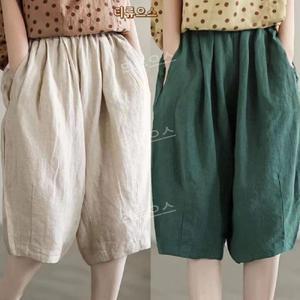빈티지 면마 심플 캐주얼 바지 여성 여름 허리 빅 사이즈 면 무릎 5부 반바지 티류으스