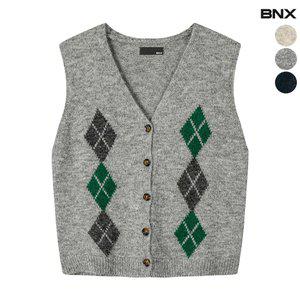 여성 브이넥 아가일 니트 조끼