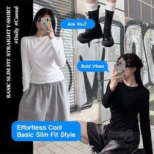 모모핏  베이직 무지 기본 라운드 슬림핏 스판 쭉티 티셔츠 블록코어  Y2K