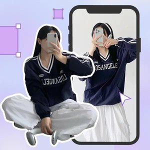 모모핏 브이넥 LOS 나일론 맨투맨 긴팔 티셔츠 블록코어  Y2K