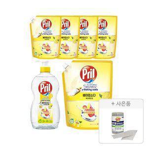 프릴 베이킹소다 레몬 용기, 700ml, 1개 + 리필, 1L, 5개 + 증정 (버블버블 일회용 롤