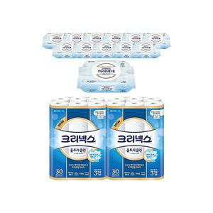 크리넥스 3겹 천연펄프 울트라클린, 27m, 30롤, 2개+마이비데 퓨어 캡, 50매, 12개