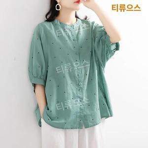 아사면 남방 여성 칠부 블라우스 반팔 자수 0715 티류으스