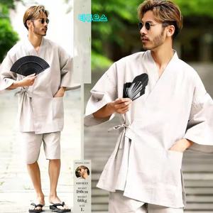 일본 전통 진베이 유카타 남자 여름 잠옷 줄무늬 홈웨어 티류으스