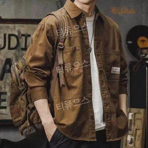 일본 스타일 고급 캐주얼 카고 셔츠 남자 오버핏 아우터 긴팔 티류으스