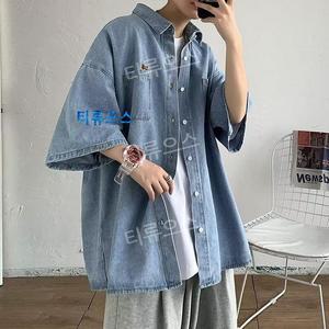 여름 오버핏 포켓 남성 데님 남방 반팔 셔츠 반소매 티류으스