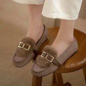 SOVO 콤포튼 퍼안감 스웨이드 단화 여성로퍼 1cm