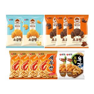 농심 새우깡 90g, 4개 + 조청유과 96g, 2개 + 빵부장 소금빵 55g, 2개 + 빵부장 초코빵