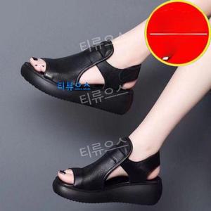 유럽 미국풍 샌들 웨지힐 토오픈 여자 통굽 발편한구두 출퇴근 펌프스 가죽 드라이빙