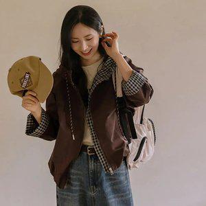 아웃도어 체크배색 후드점퍼