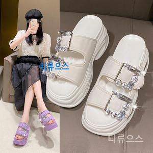 티류으스 9cm통굽 여성키높이슬리퍼 사각 큐빅 버클 슬리퍼 예쁜 여름 보석 와이드 더