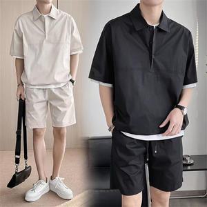 남성 반팔셔츠+바지 세트 아노락세트 캐주얼 여름 루즈핏 커플티 폴로넥 반바지 상하