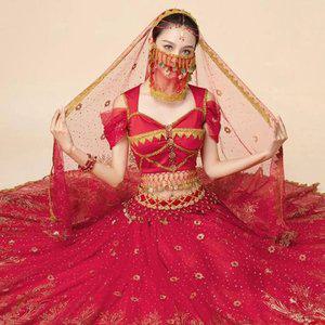 벨리댄스복 라인 밸리복 댄스 스포츠 의상 공연복 세트 패턴 메쉬 헤드 스카프 퍼포먼