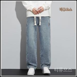 티류으스 남자 청바지 밴딩 여름 쿨링 얇은 냉감 찰랑 일자 진청 데님팬츠 빅사이즈