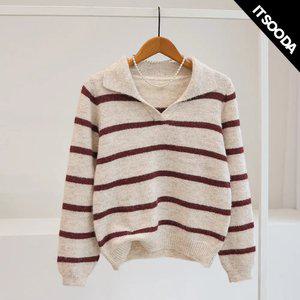 [잇수다] 이카렐 스트라이프 배색 브이넥 카라 울 니트