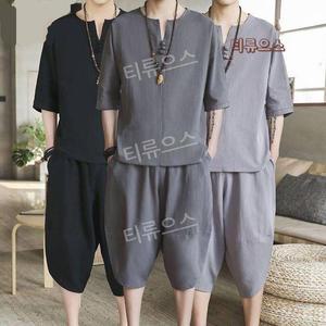 남자 린넨 생활한복 반팔 반바지 여름 면마 상하세트 바지 티류으스