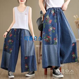 여성 봄 여름 캐주얼 와이드 빈티지 프린트 밴딩 데님 9부 팬츠 티류으스