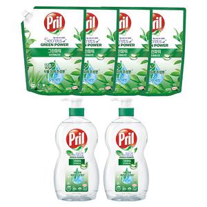프릴 주방세제 그린파워 알로에베라 용기, 700ml, 2개 + 리필, 1L, 4개