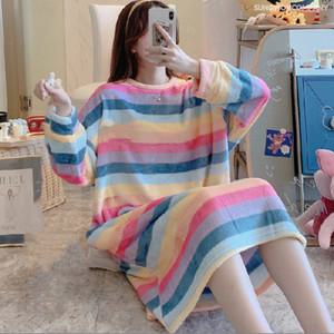 이너퀸 프리수 여성용 밍크 극세사 수면 스트라이프 줄무늬 알록달록 무지개 잠옷 홈웨어 이지웨어 원피스 무지개수면원피스