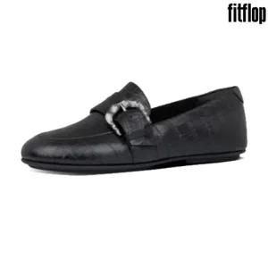 핏플랍 Dynamicush 리스벳 크록 로퍼 올블랙 레더 여성 신발 AK5 090