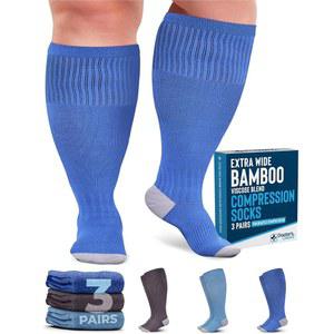 닥터스 셀렉트 3켤레 플러스 사이즈 압박 양말 넓은 종아리 | 순환 지원용 대나무 비스코스 무릎 하이 간호사, 여행, 달리기 블루, 청록색, 다크 그레이