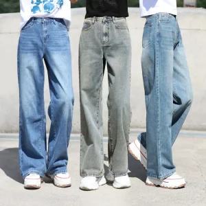 동대문스타일 히든밴딩 워싱 와이드 데님 팬츠 3단 기장 여성 빈티지 청바지 NHHW002