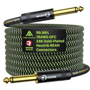 AA 오디오 액세서리 프로 시리즈 기타 케이블 10피트, 18AWG 금도금 리안 커넥터, 뉴트릭, 케블라 브레이드 및 전기 기타 베이스 앰프용 내부 열수축 차폐 악기 케이블