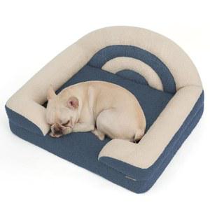 행복한 다이어리 폼 강아지 침대 중간 사이즈, 세탁 가능한 커버와 방수 라이너가 있는 반려동물 소파, 레인보우 디자인이 부드러운 테디 플러시(블루)