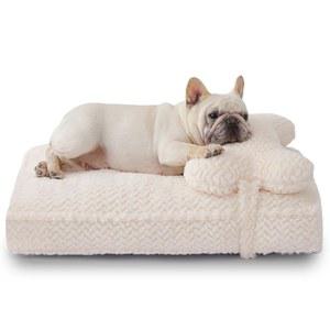 중간 크기의 강아지를 위한 소프트 터치 인조 모피 반려견 침대 6.5인치 초두께, 방수 라이너와 세탁 가능한 커버가 있는 정형외과 반려동물 침대, 탈착식 귀여운 베개, 크림색