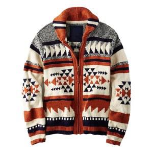 뷰온 남성 캐주얼 부족 아즈텍 프린트 웨스턴 에스닉 빈티지 라펠 니트 웜 긴팔 가디건 스웨터 재킷 코트