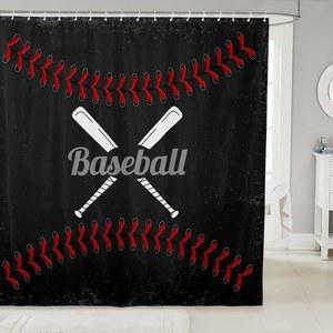 캐슬 요정 스포츠 야구 목욕 커튼, 빈티지 테마 샤워 레트로 레드 블랙 극세사 방수 원단, 스톨 욕조 욕실용 후크, 72W x 72L 인치