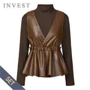 [인베스트] 미들넥 티셔츠+V넥 레자 조끼 세트_IN5F1VT4511