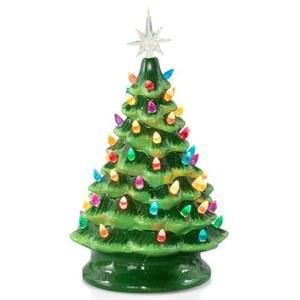 브라이트다운 13인치 세라믹 크리스마스 트리, 다양한 색상의 LED 조명이 있는 프리라이트 테이블탑 홈 오피스 테이블 홀리데이 장식용 배터리 작동 빈티지 조명 그린