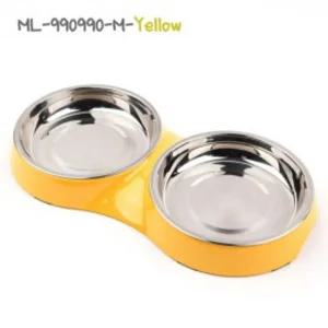 (부명)슈퍼 더블 캣 보울 M (ML990990) - 옐로우반려동물식기 애묘쌍 2구 스텐 고양이밥그릇 애완 식기