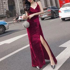 [하프클럽/]여자 파티룩 벨벳 뷔스티에 슬릿 롱 원피스