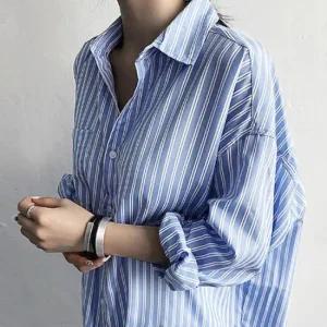 세로 줄무늬 패턴 원피스 레깅스 레이어드 셔츠 남방  루즈핏 셔츠